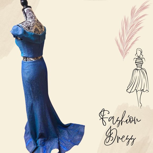 Blue Shimmer Off the Shoulder Crop Top Long Skirt - Size 4 - Picture 4 of 7